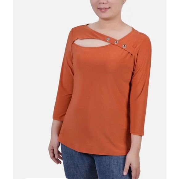 NY COLLECTION - 🎉2XHP🎉 NWT - L Sz L Petite 3/4 Sleeve Cutout Top/“Spice Route” - Picture 12 of 14